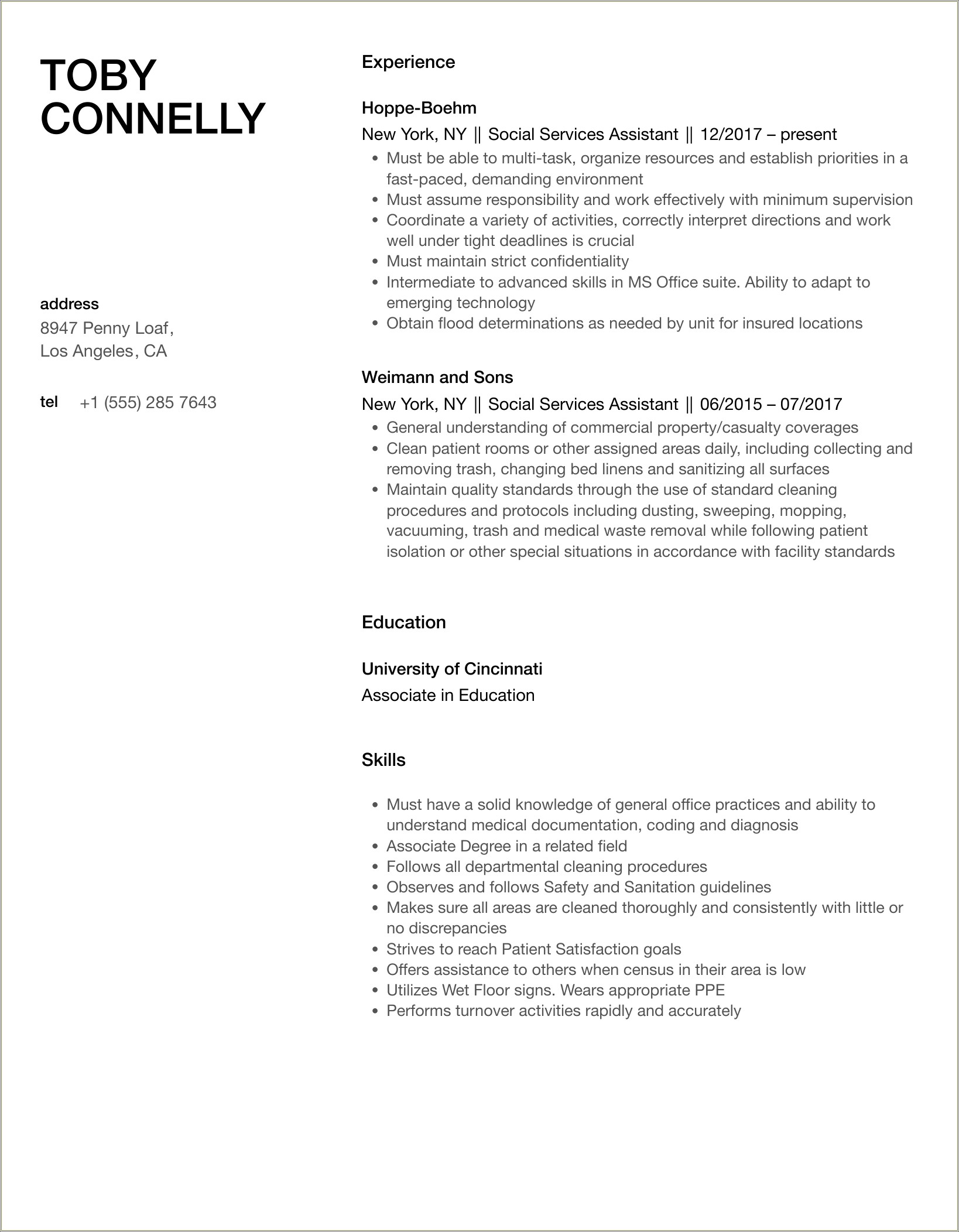 Entry Level Human Service Aide Resume Samples