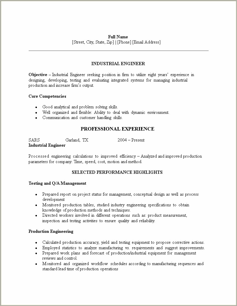 Entry Level Industrial Engineering Resume Examples