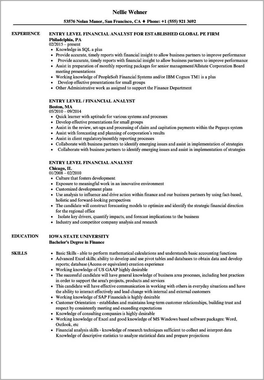 Entry Level Investment Banking Resume Examples