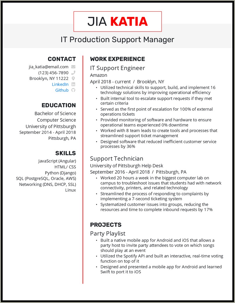 Entry Level It Support Manager Resume Examples
