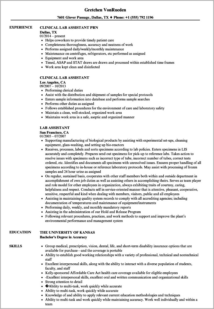 Entry Level Lab Assistant Resume Template
