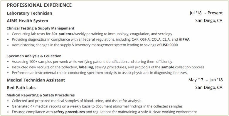 Entry Level Lab Technician Resume Example