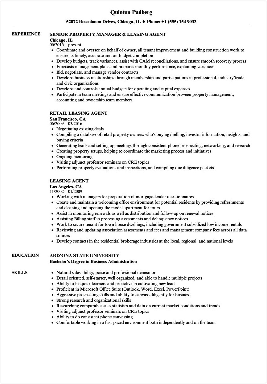 Entry Level Leasing Consultant Resume Sample