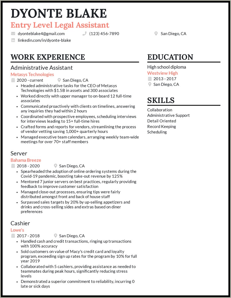 Entry Level Legal Assistant Resume Examples