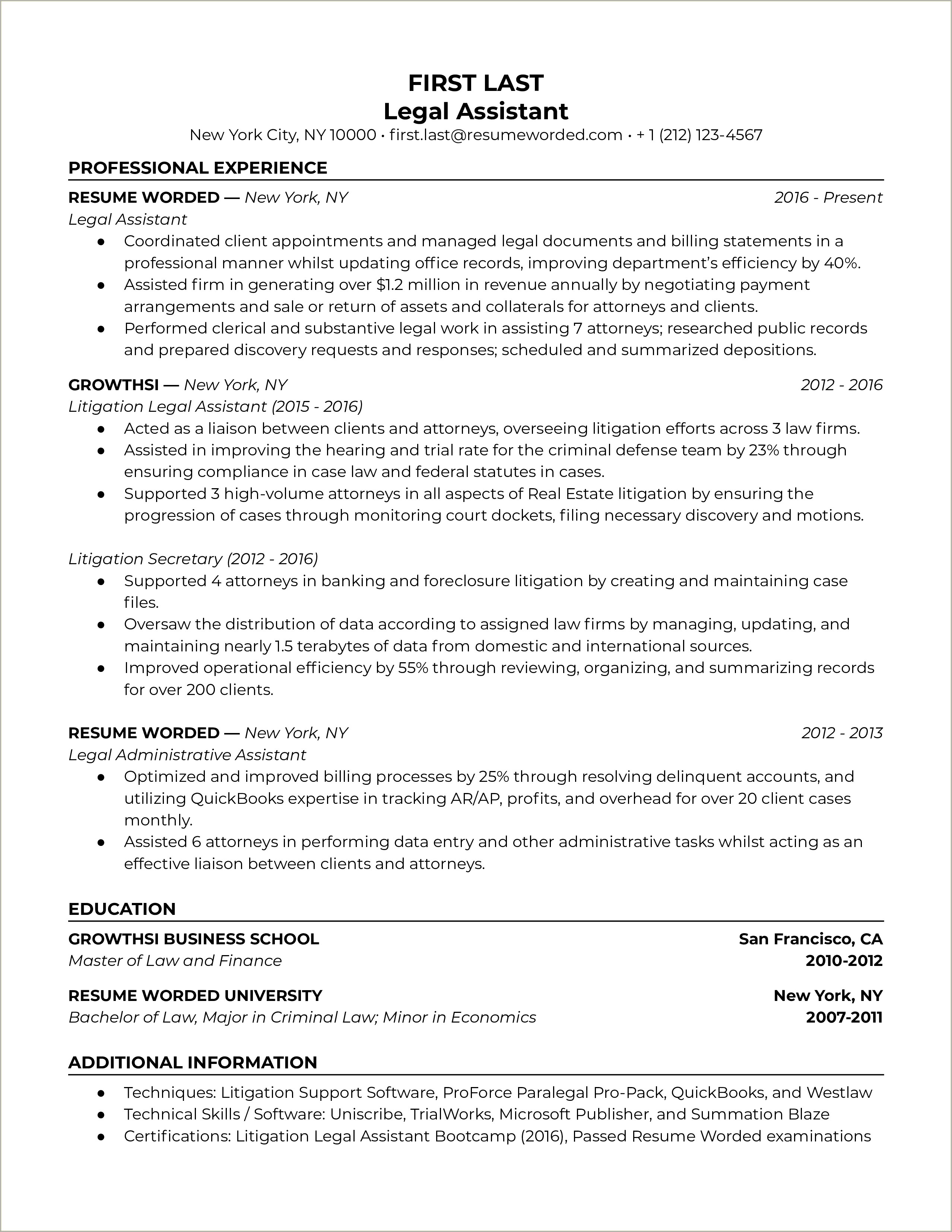 Entry Level Legal Assistant Sample Resume