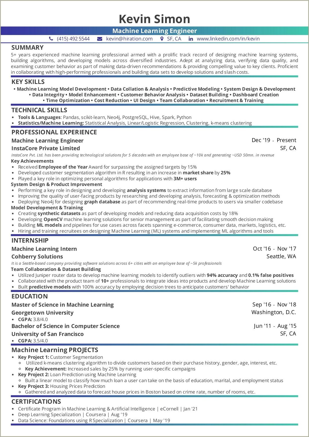 Entry Level Machine Learning Resume Summary