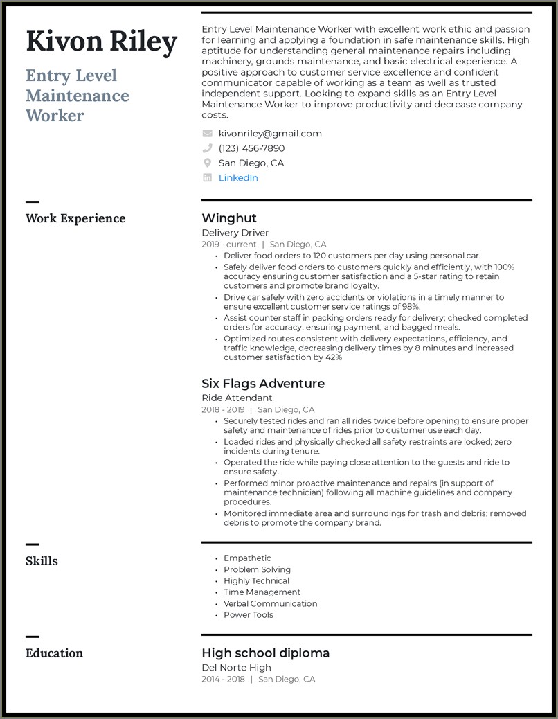 Entry Level Maintenance Summary On Resume