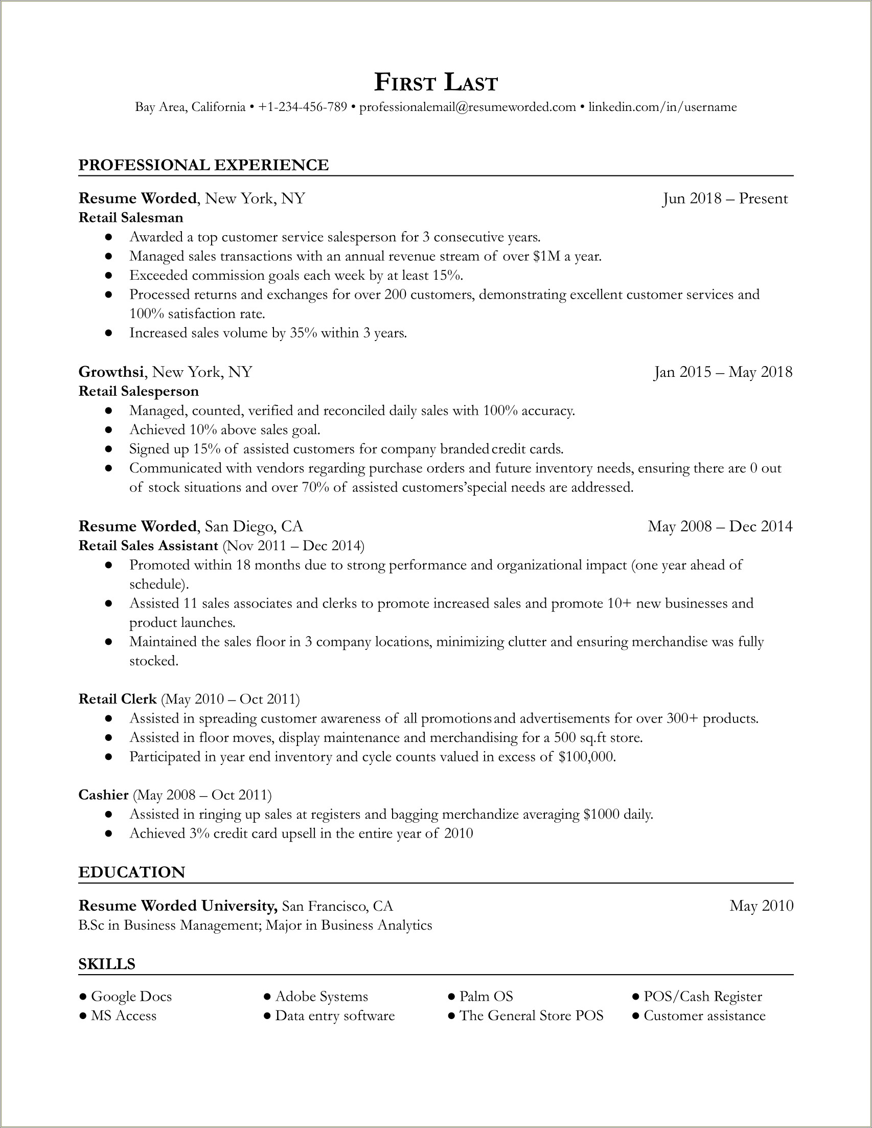 Entry Level Management Position Resume For Retail