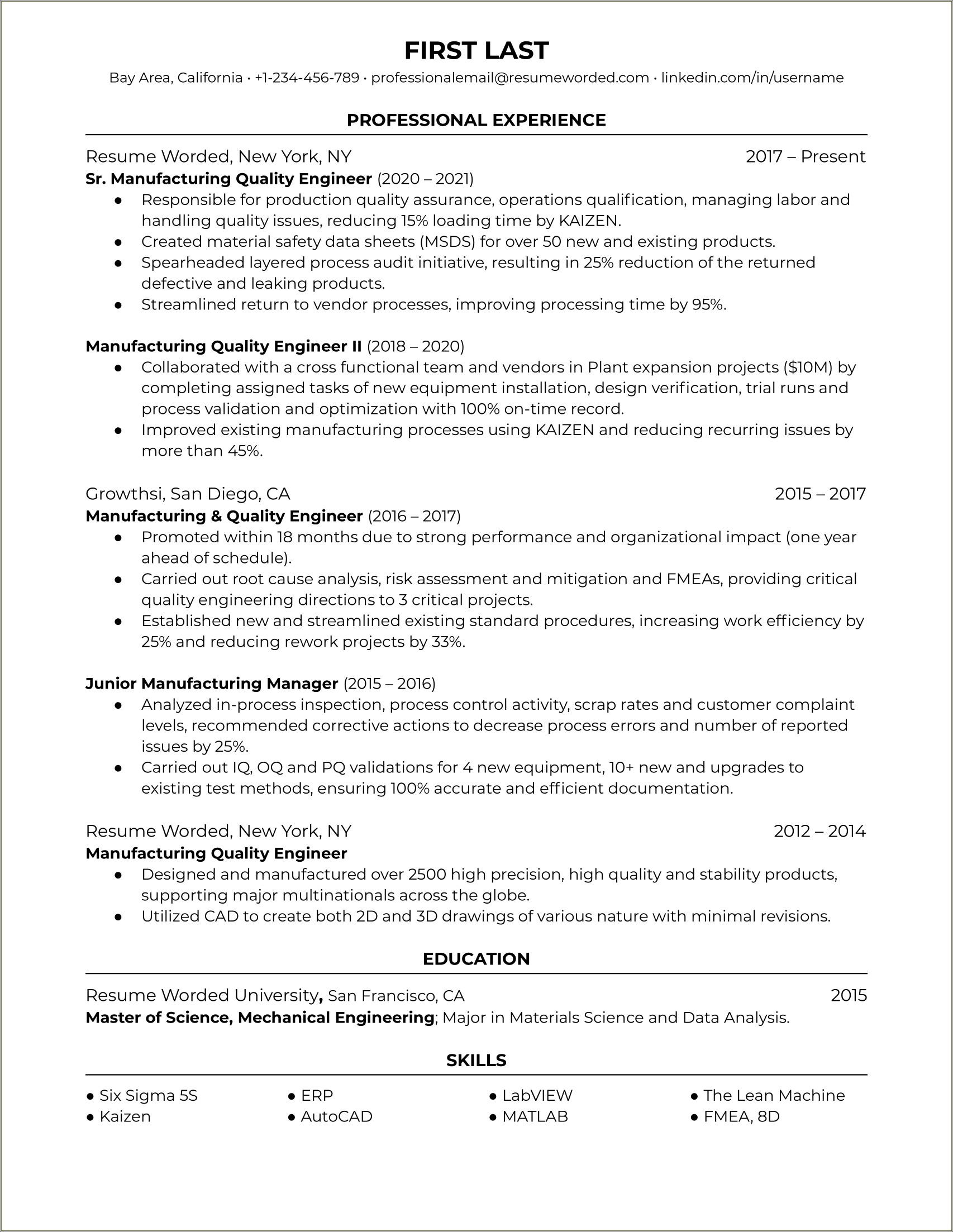 Entry Level Manufacture Engineer Resume Objectives