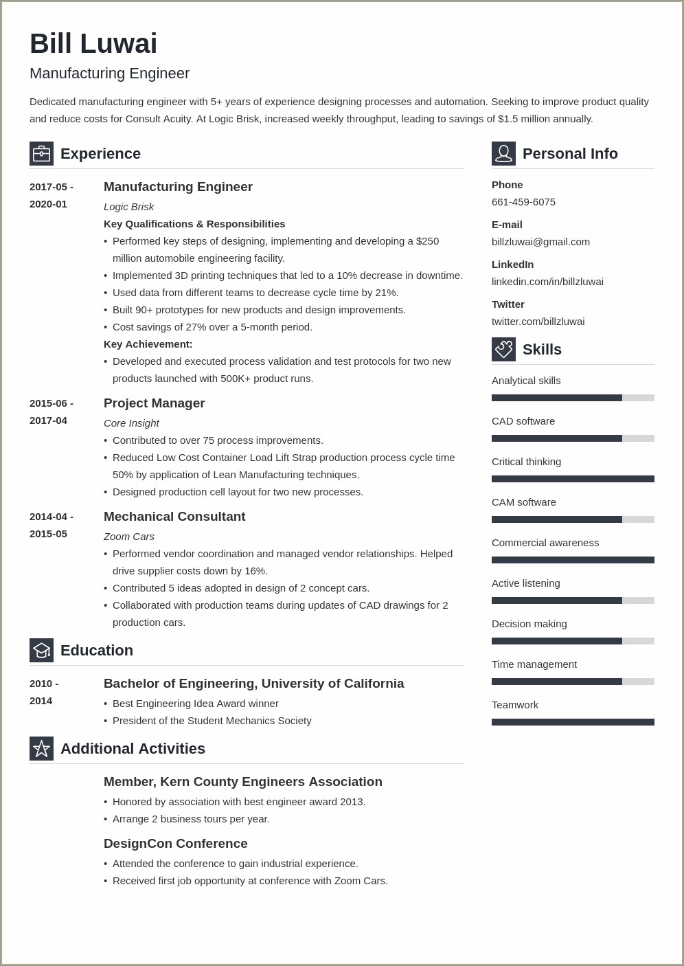 Entry Level Manufacturing Engineer Sample Resume