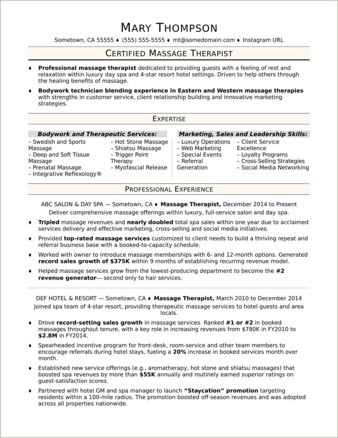 Entry Level Massage Therapist Resume Sample