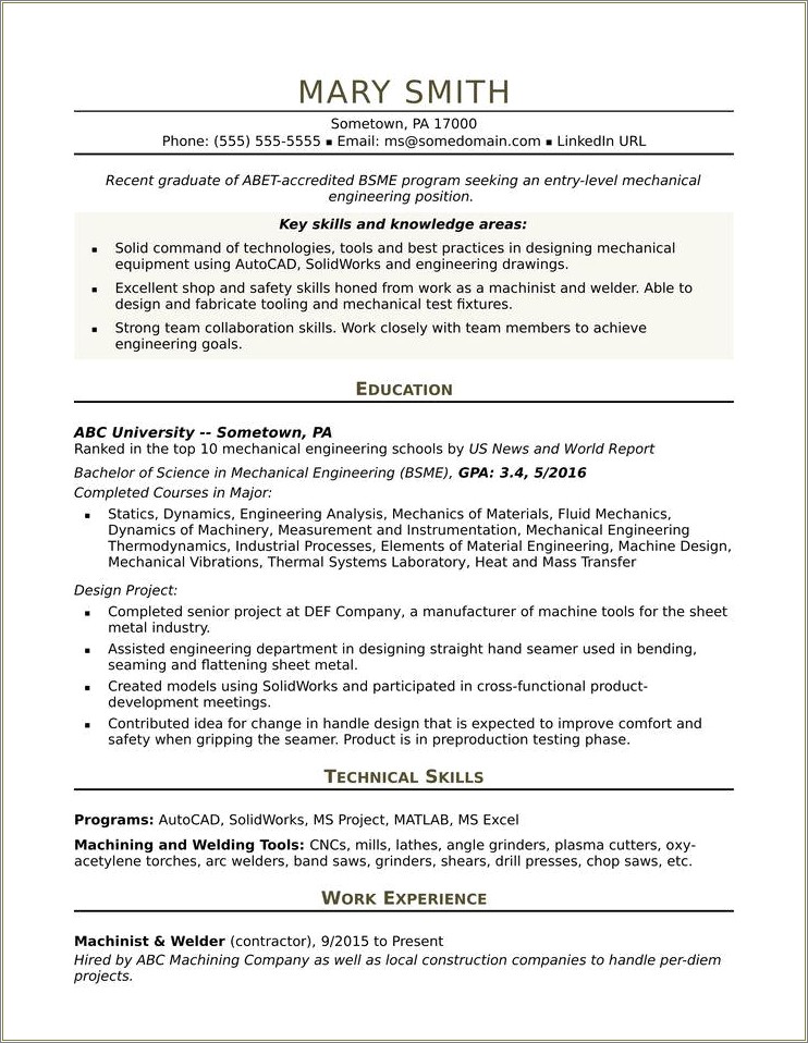 Entry Level Mechanical Engineer Resume Objective Examples