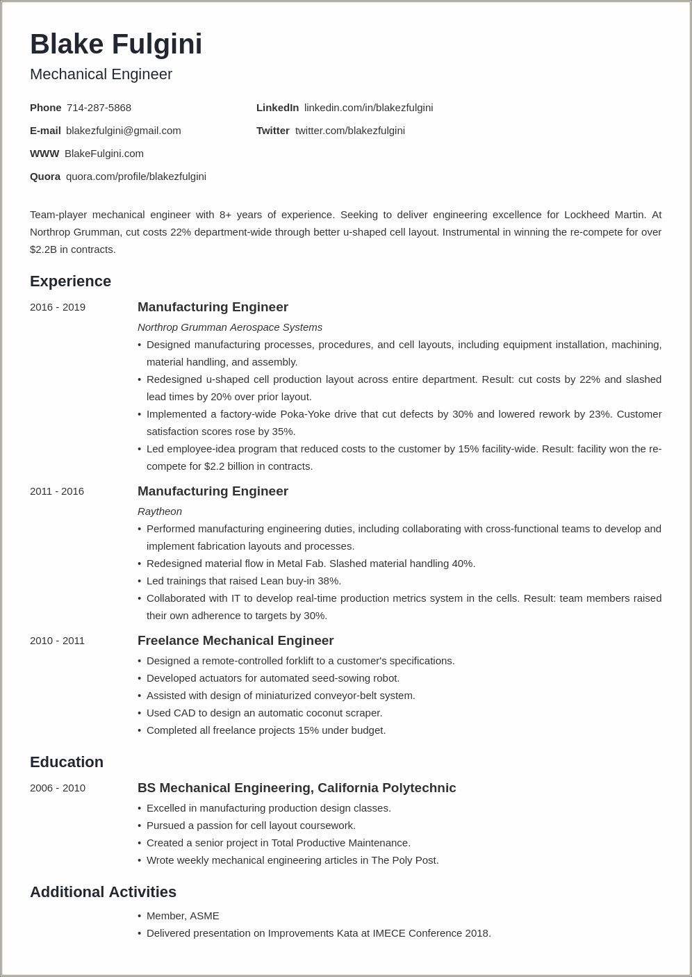 Entry Level Mechanical Engineer Resume Summary