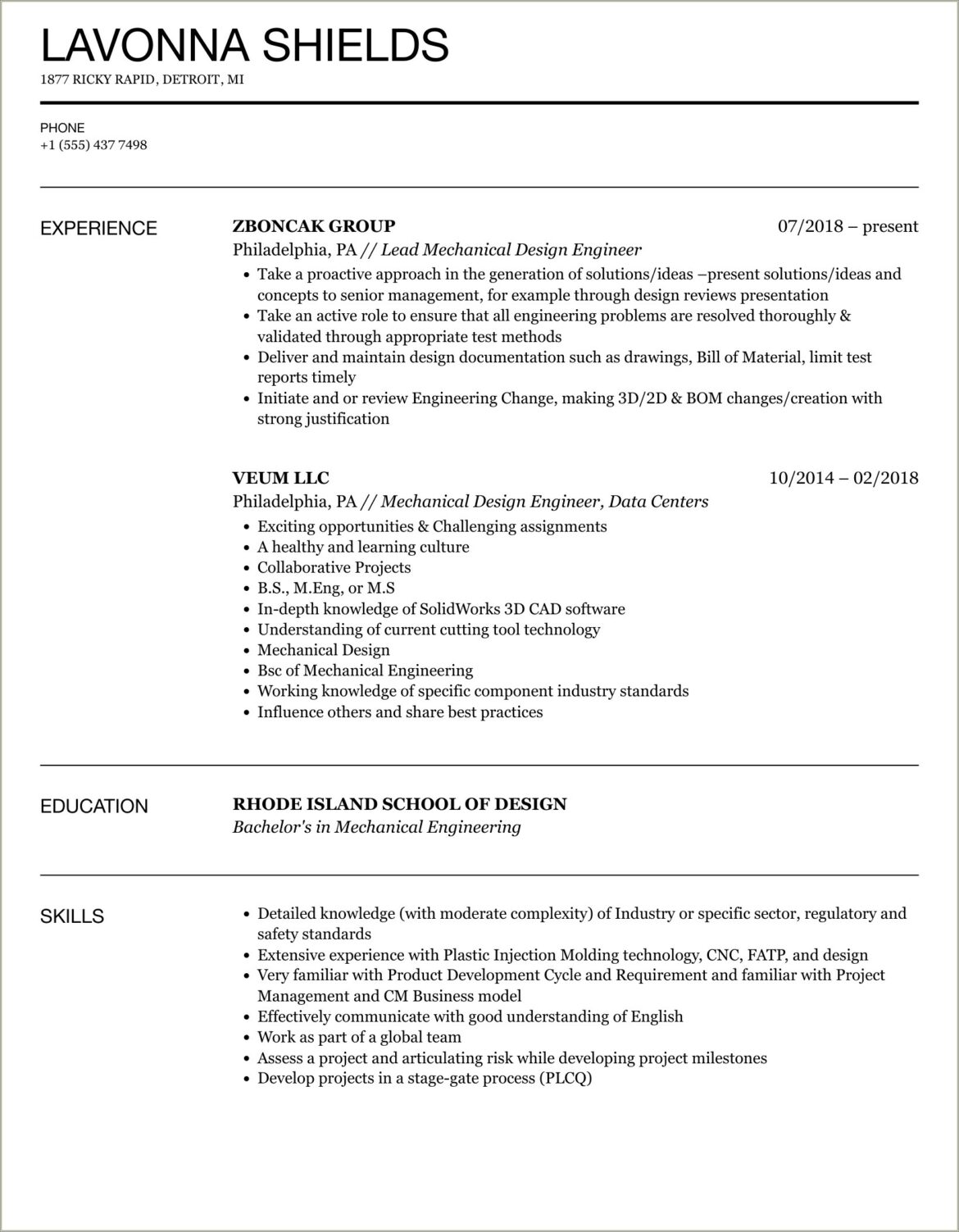 Entry Level Mechanical Engineering Resume Summary