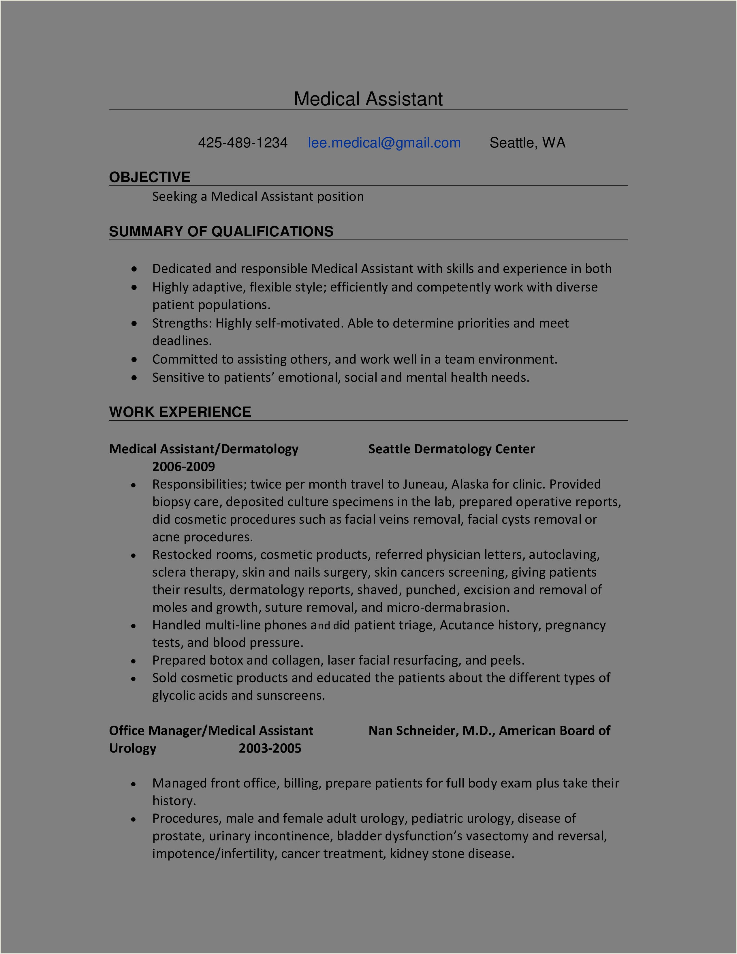 Entry Level Medical Assistant Job Resume