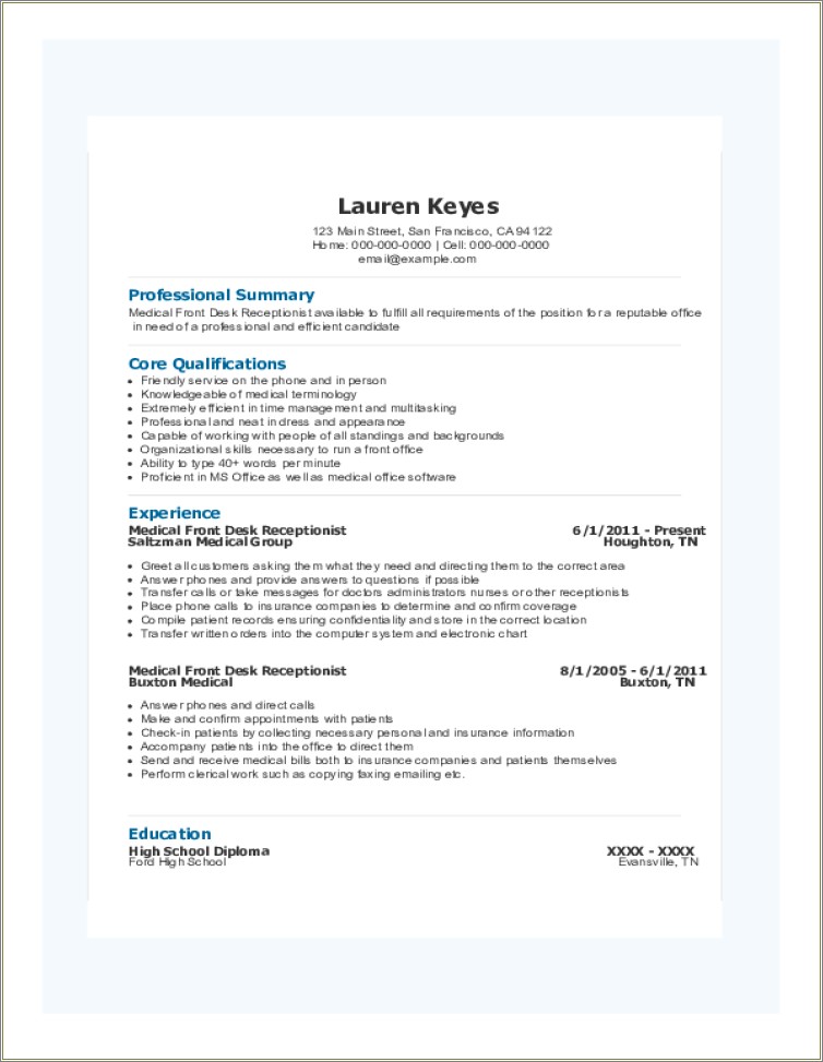 Entry Level Medical Receptionist Resume Samples