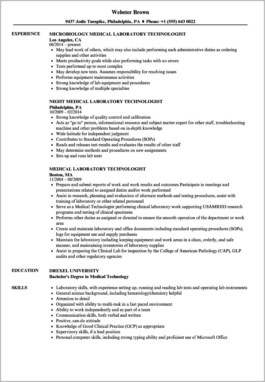 Entry Level Medical Technologist Resume Examples