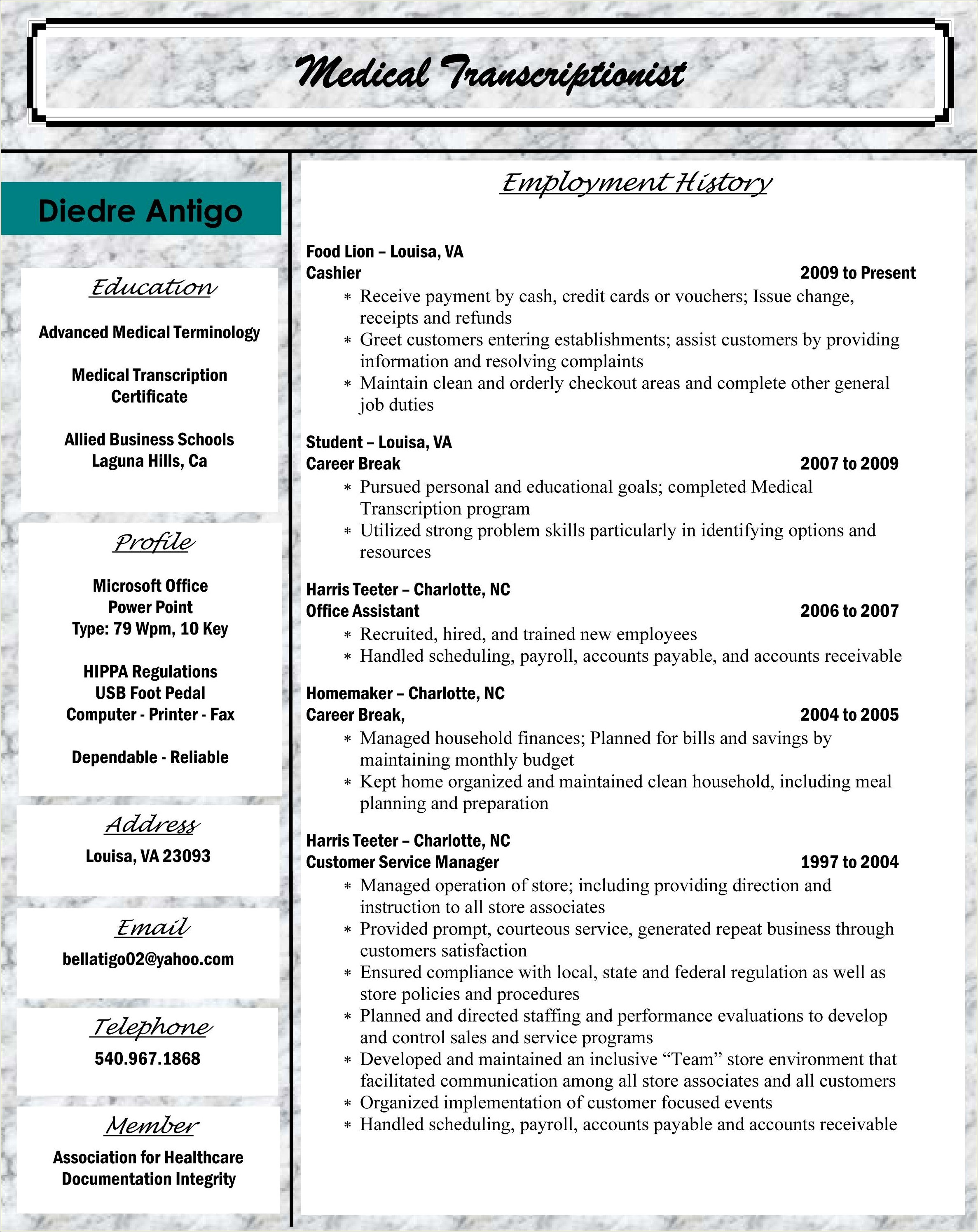 Entry Level Medical Transcription Resume Samples