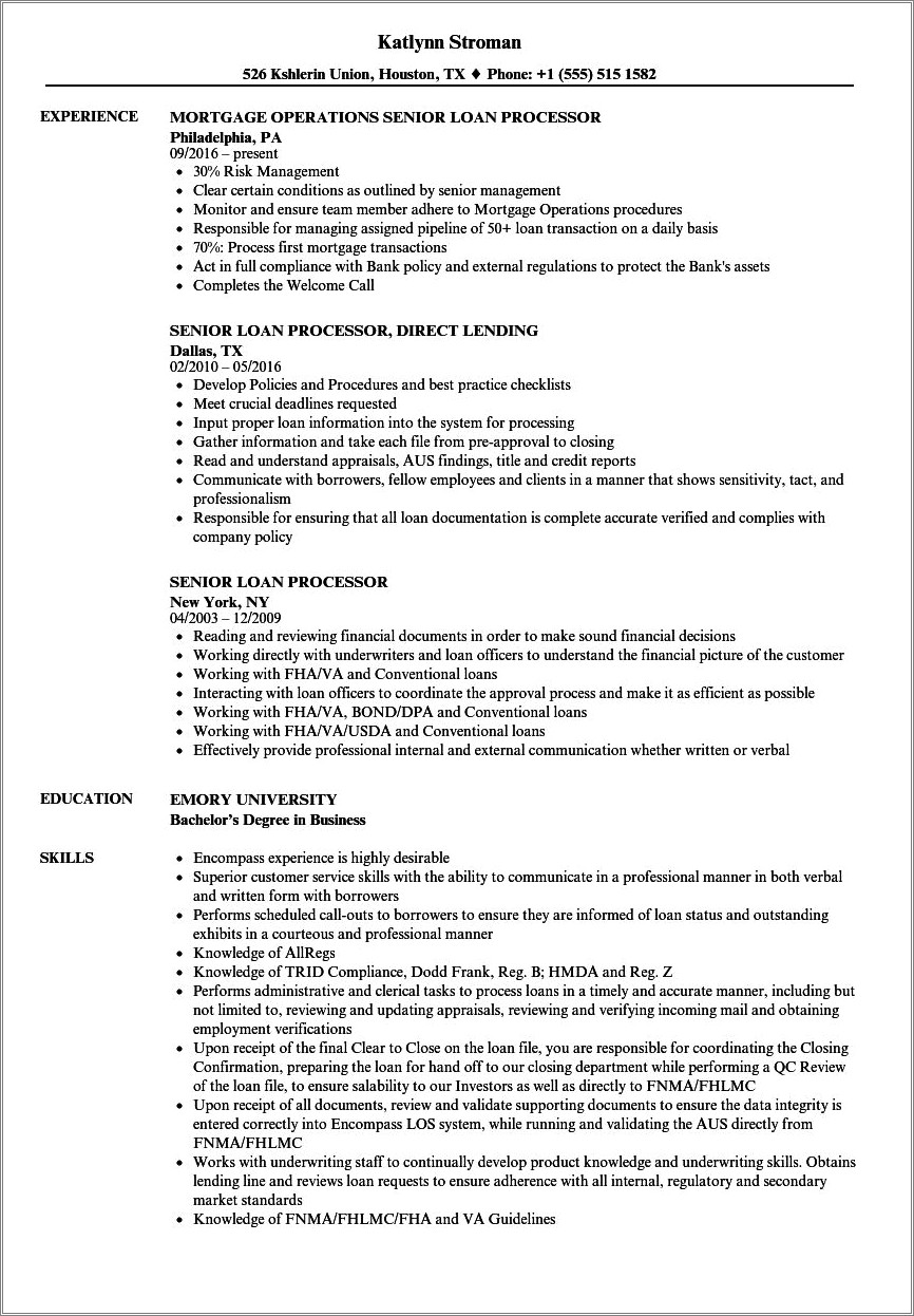 Entry Level Mortgage Processor Resume Sample