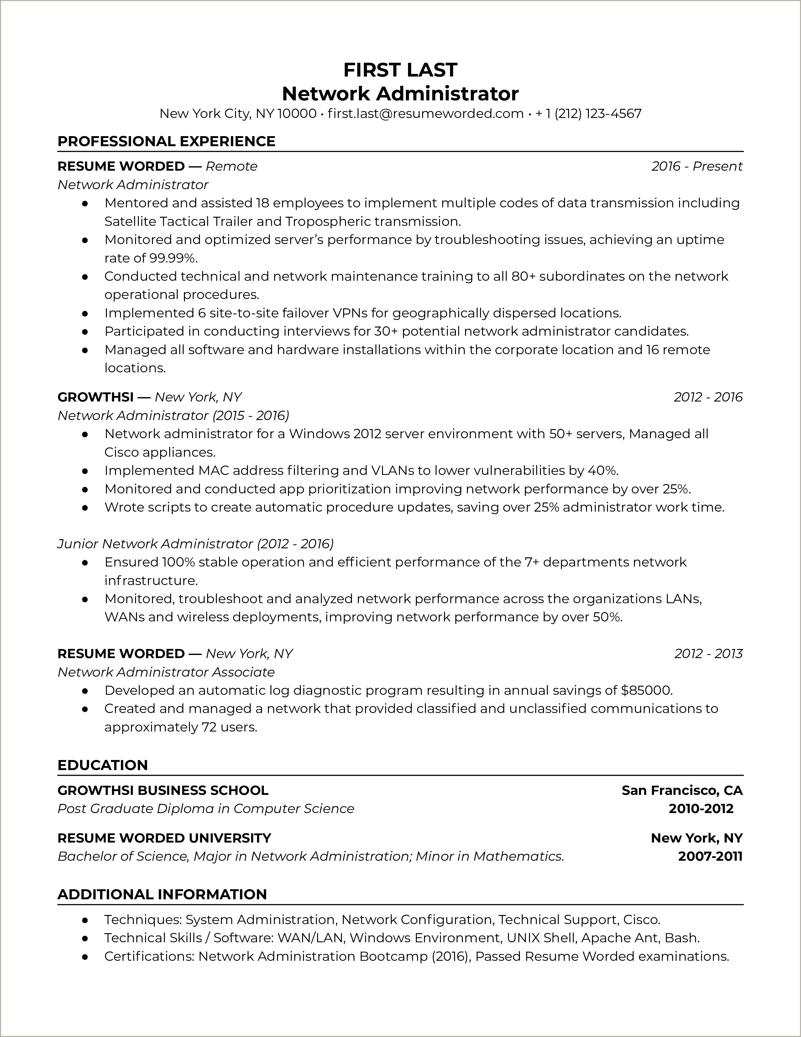 Entry Level Network Administrator Sample Resume