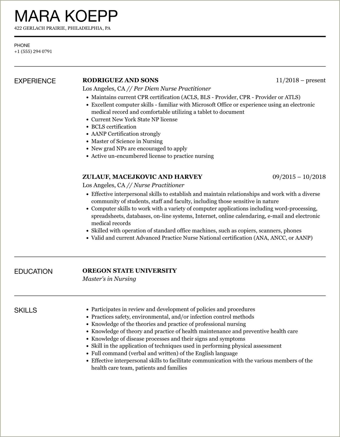 Entry Level Nurse Practitioner Resume Sample