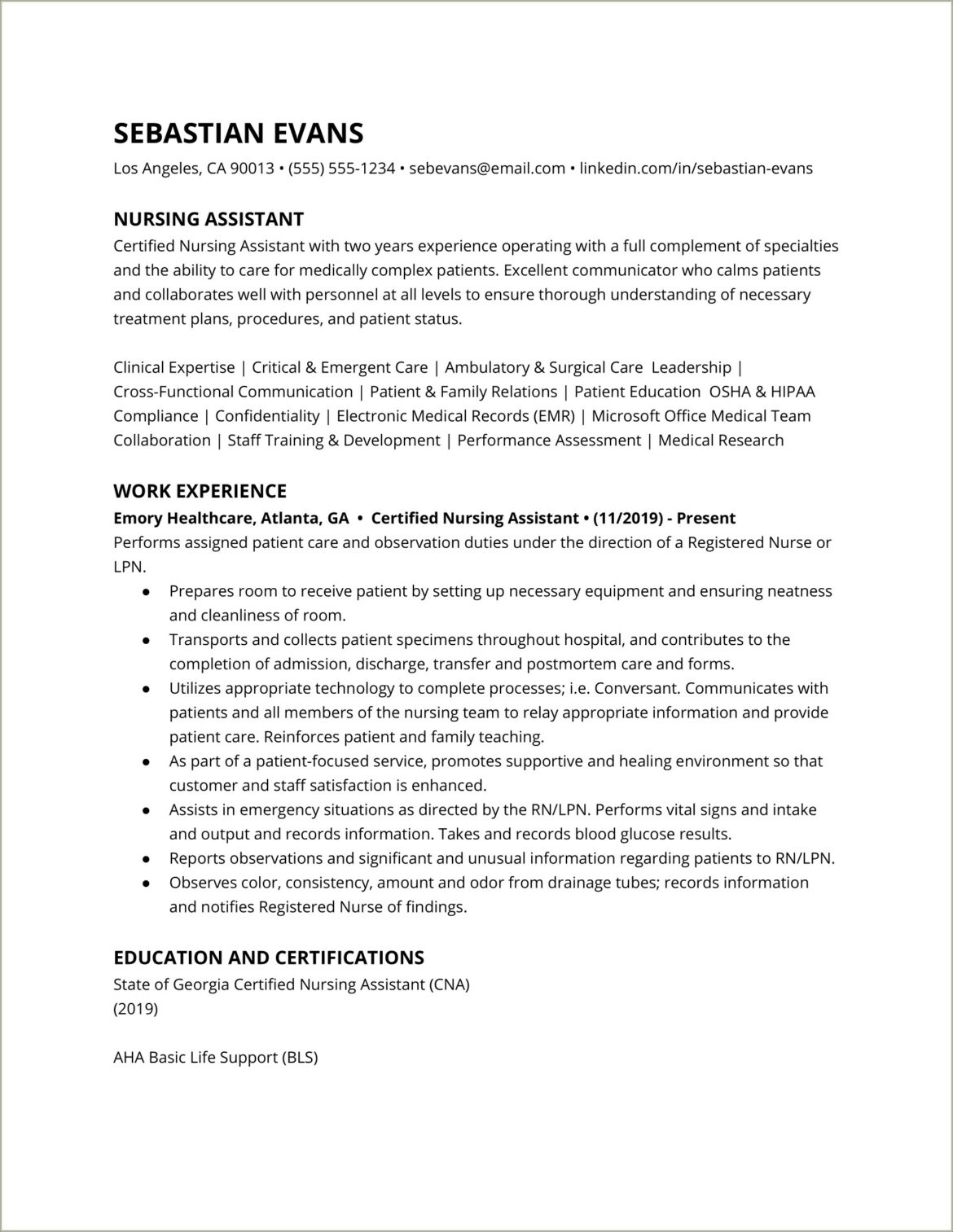 Entry Level Nursing Assistant Resume Sample