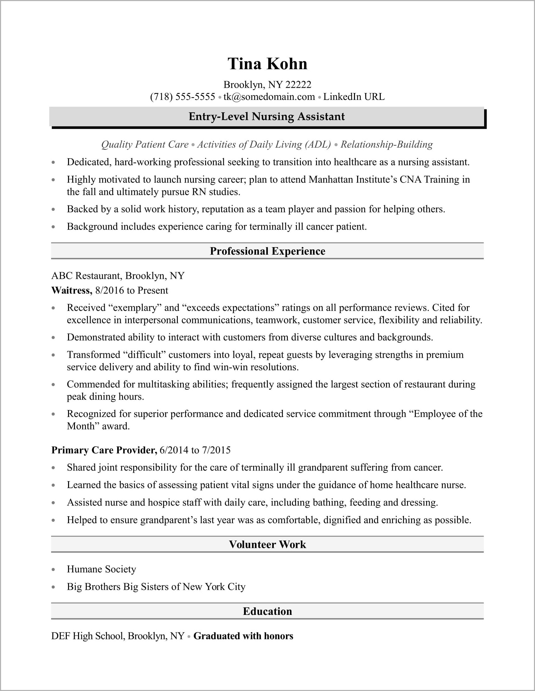 Entry Level Nursing Resume No Experience