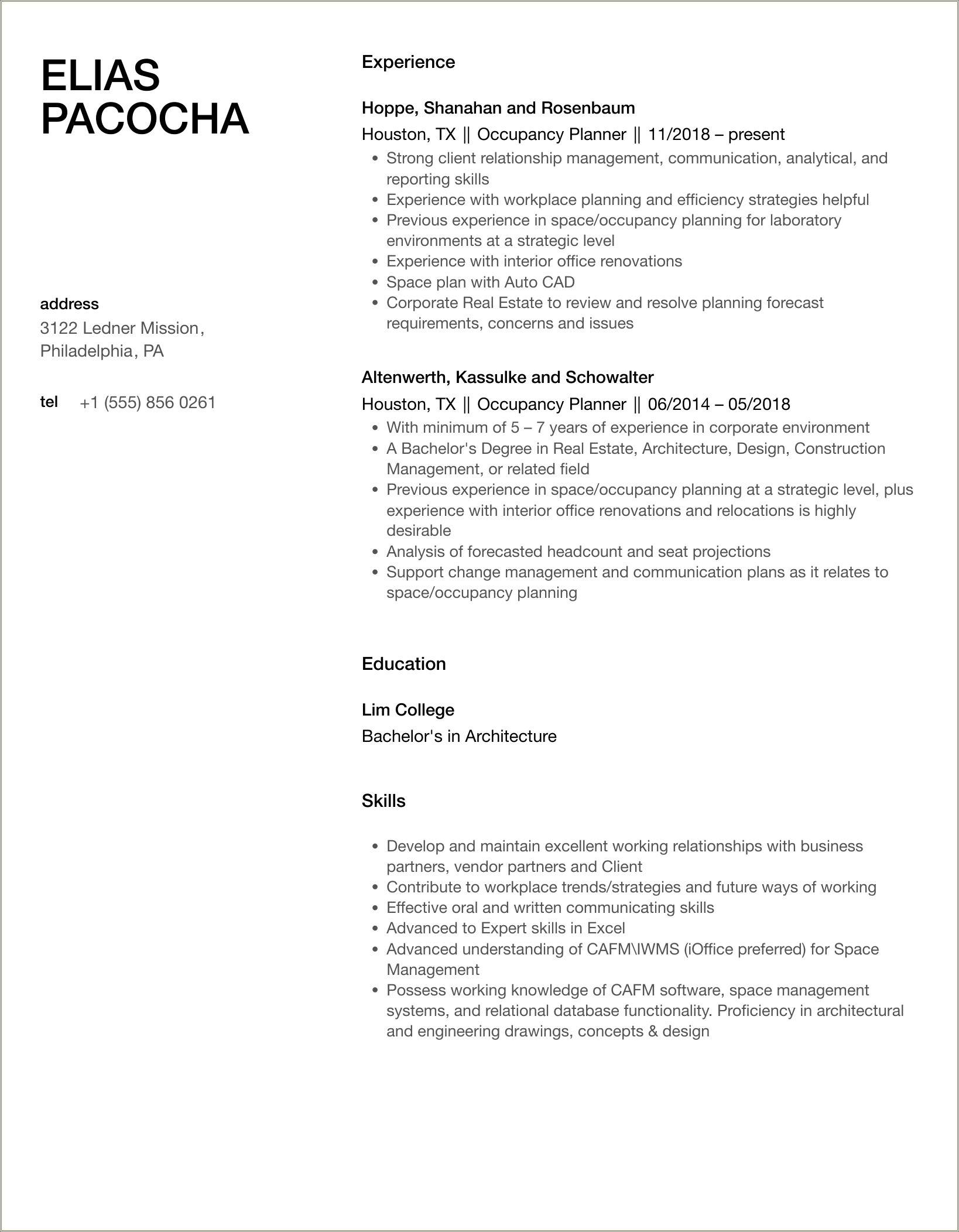 Entry Level Occupancy Planner Resume Example