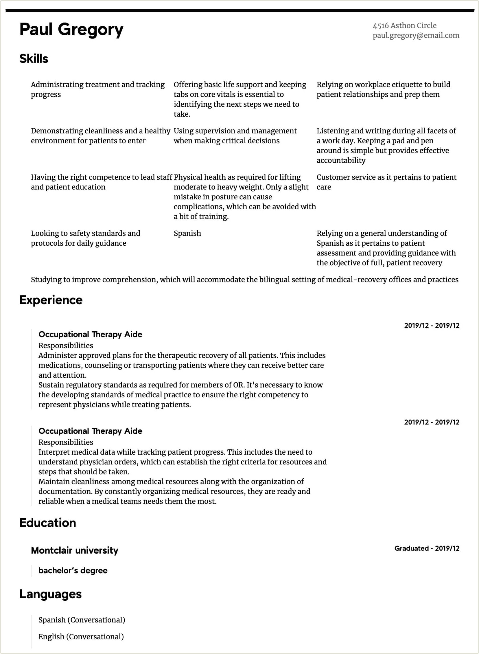 Entry Level Occupational Therapy Assistant Resume Sample