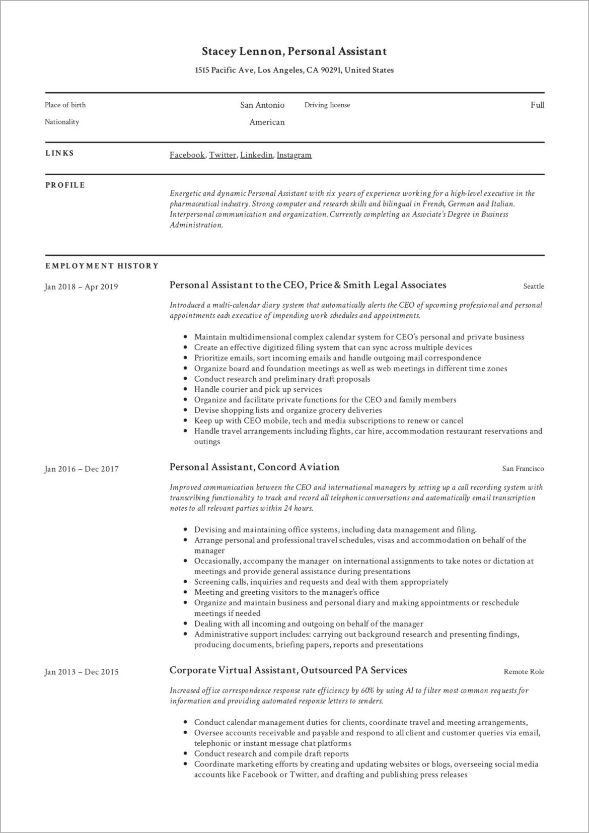 Entry Level Personal Assistant Skills Resume