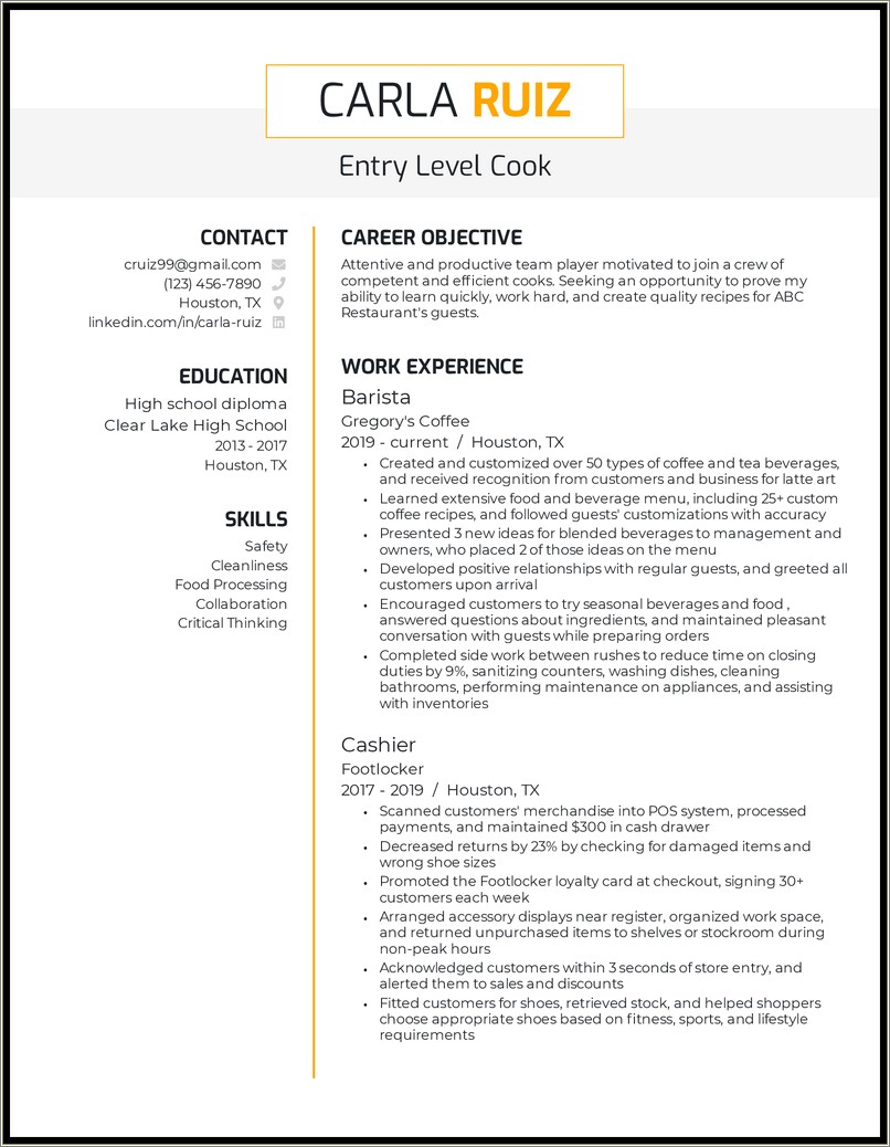 Entry Level Prep Cook Resume Sample