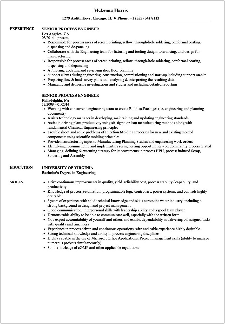 Entry Level Process Engineer Resume Sample