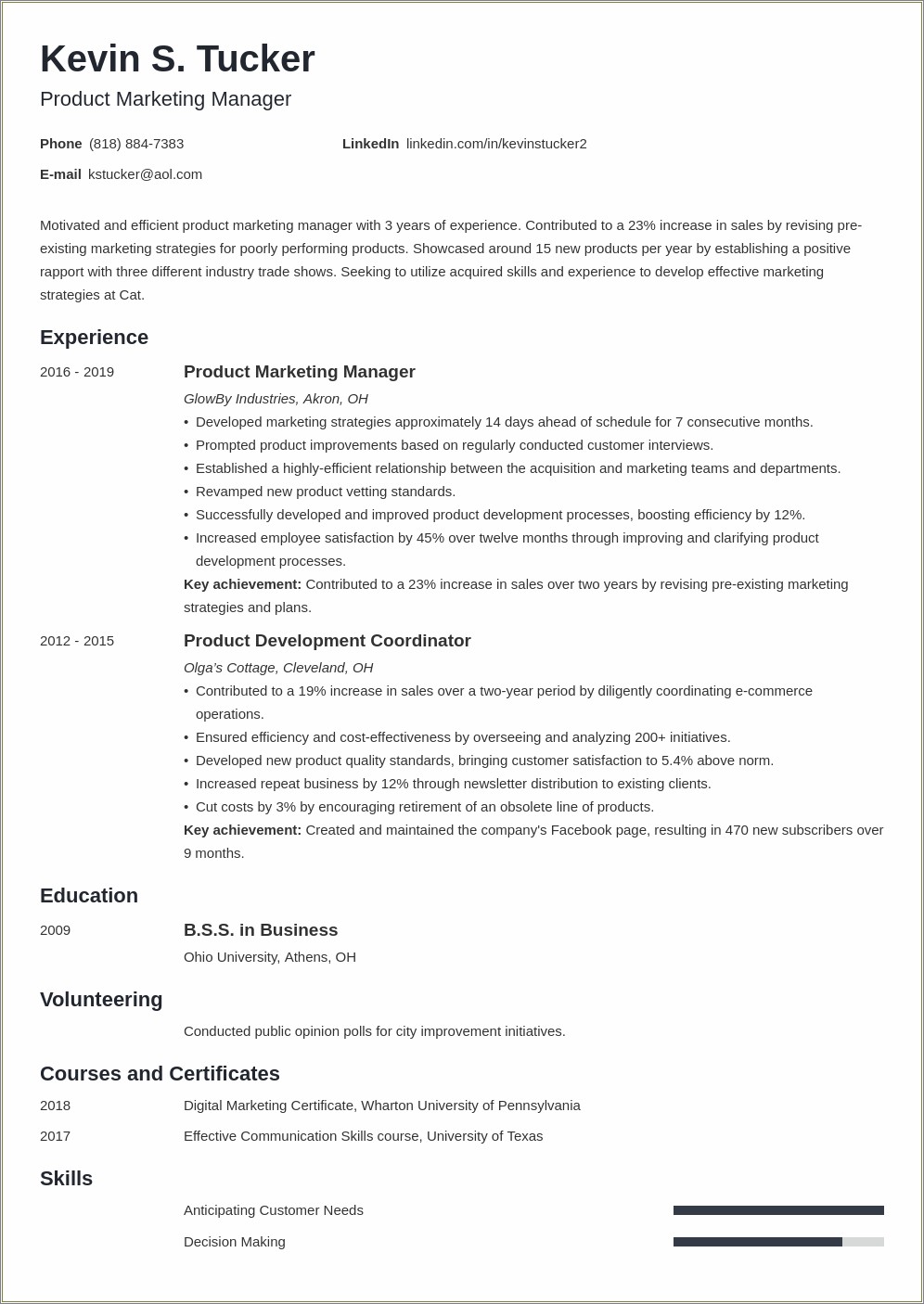 Entry Level Product Marketing Manager Resume Template