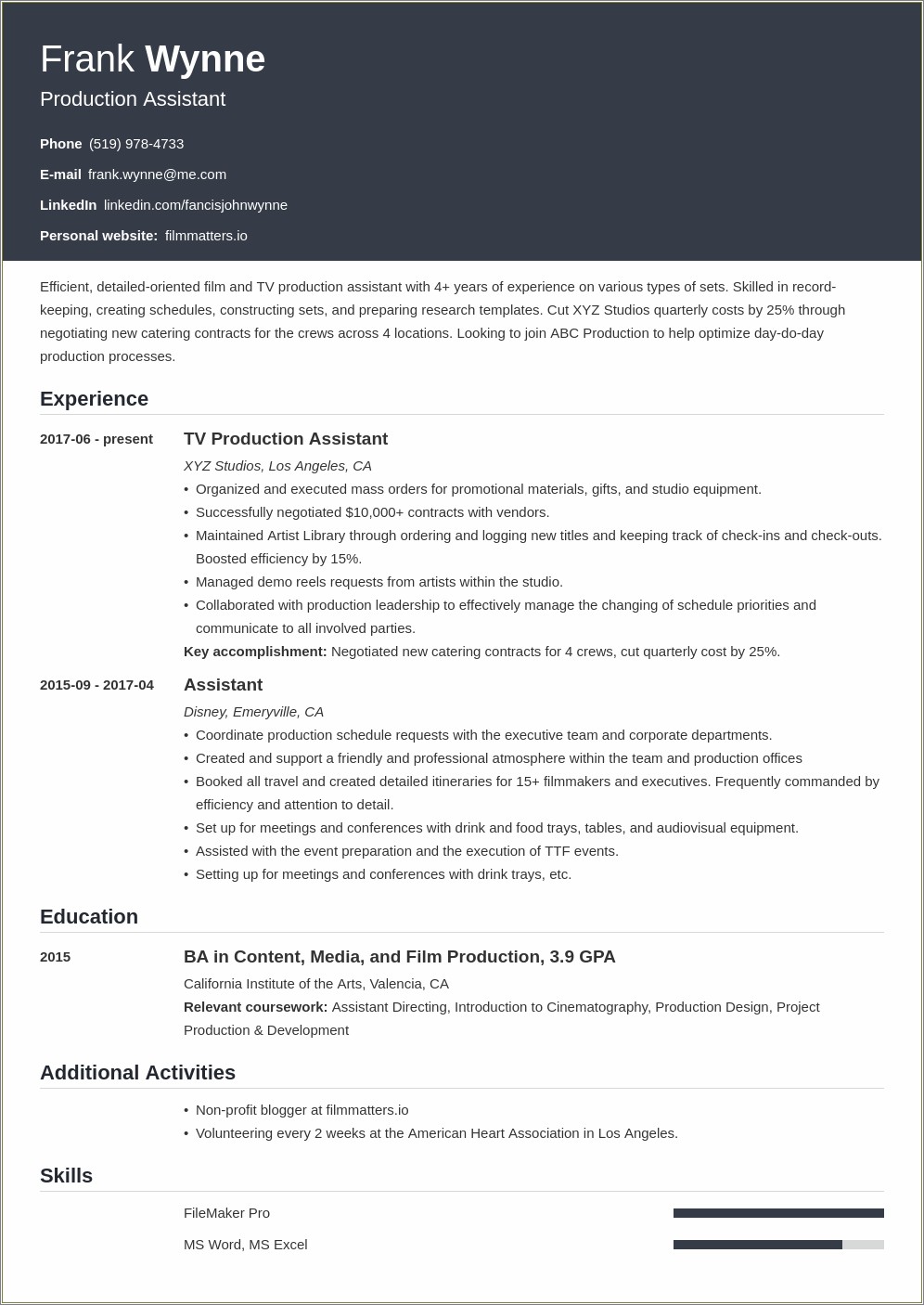 Entry Level Production Assistant Resume No Experience