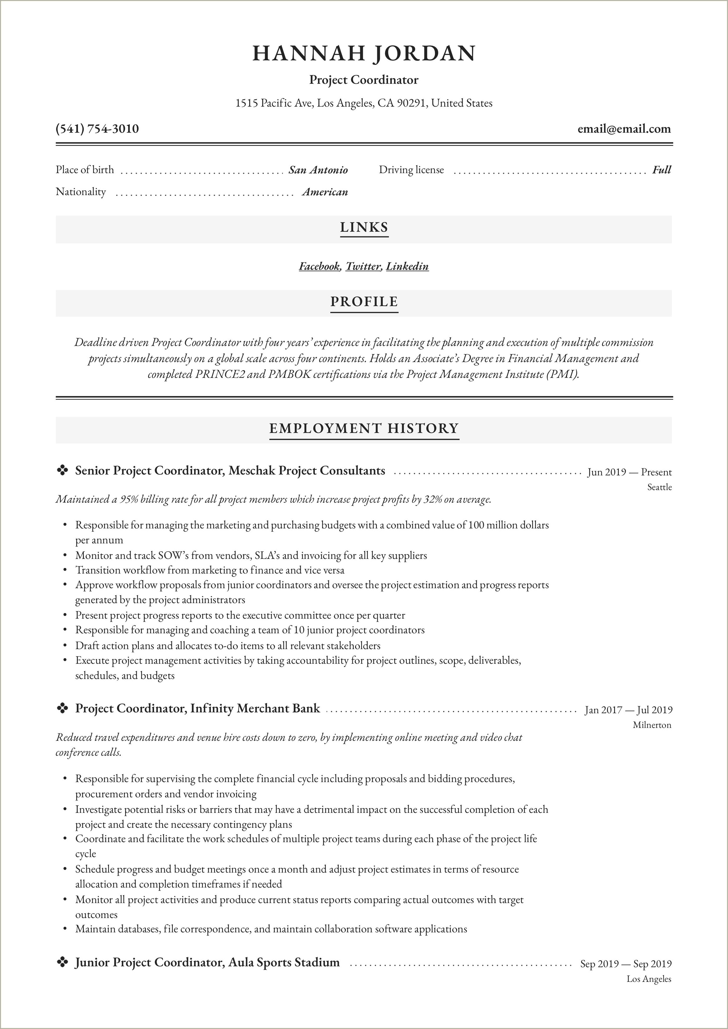 Entry Level Project Coordinator Resume Summary Example