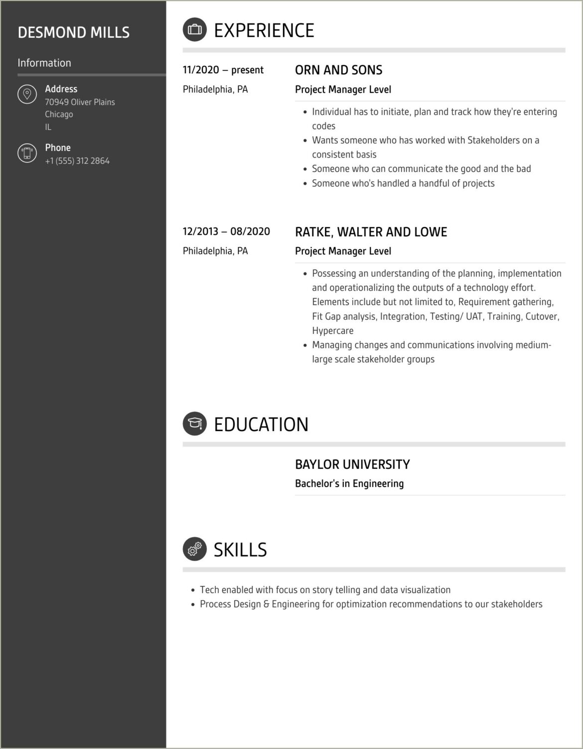 Entry Level Project Management Project Manager Resume