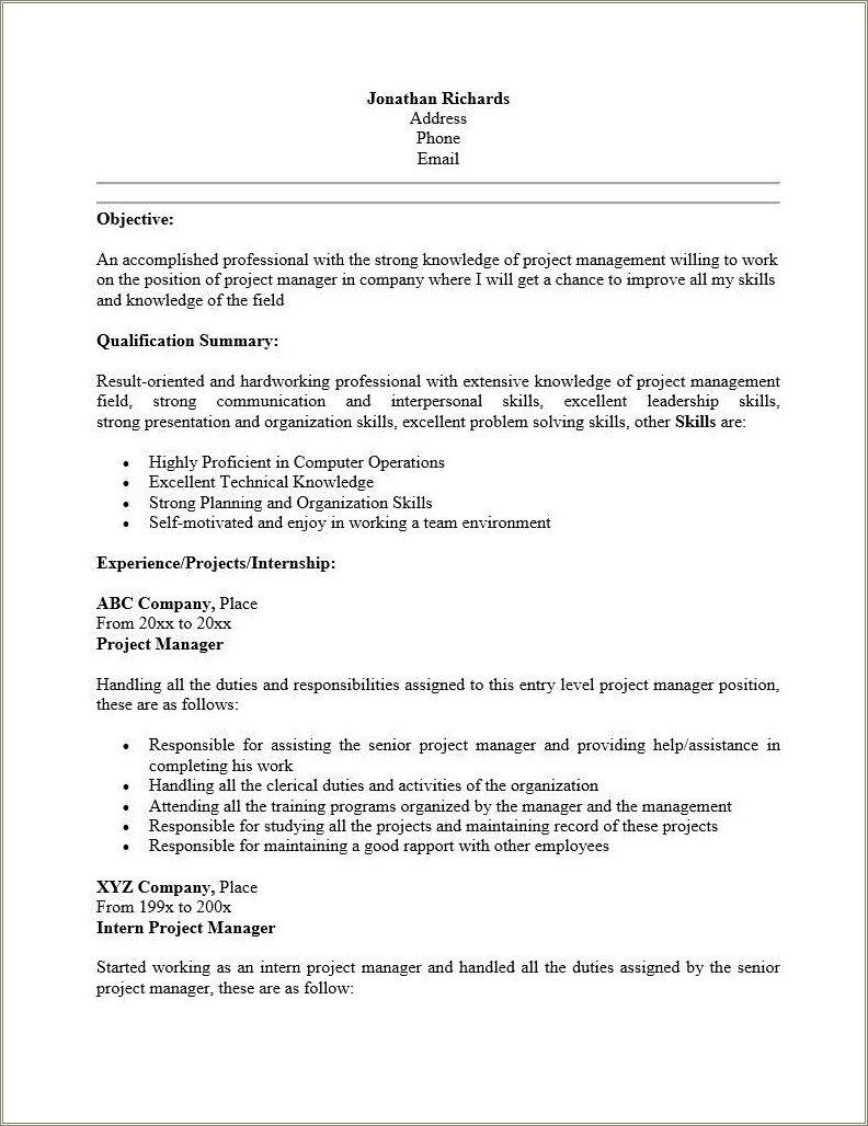 Entry Level Project Management Resume Samples