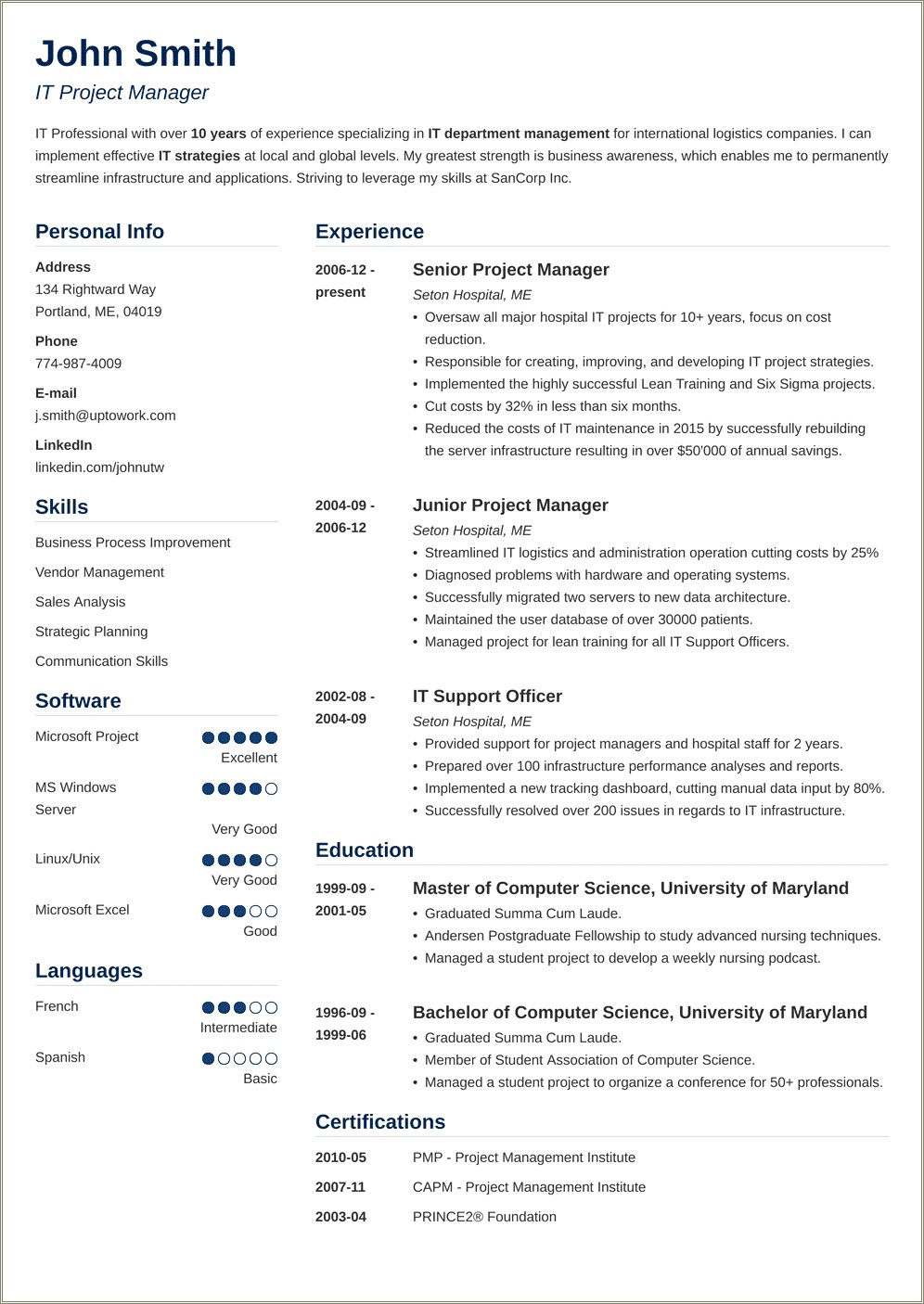Entry Level Project Manager Sample Resume