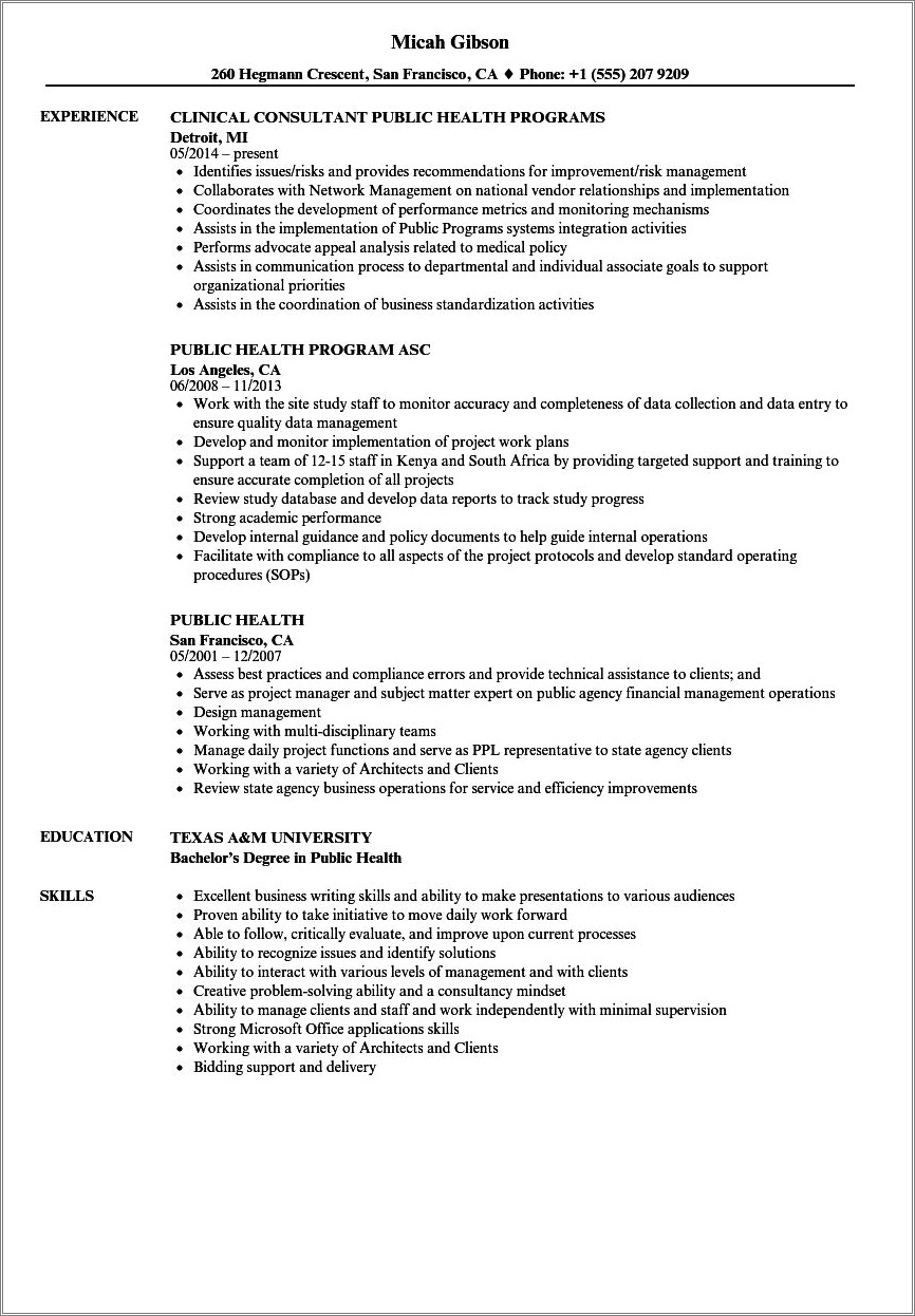 Entry Level Public Health Resume Sample