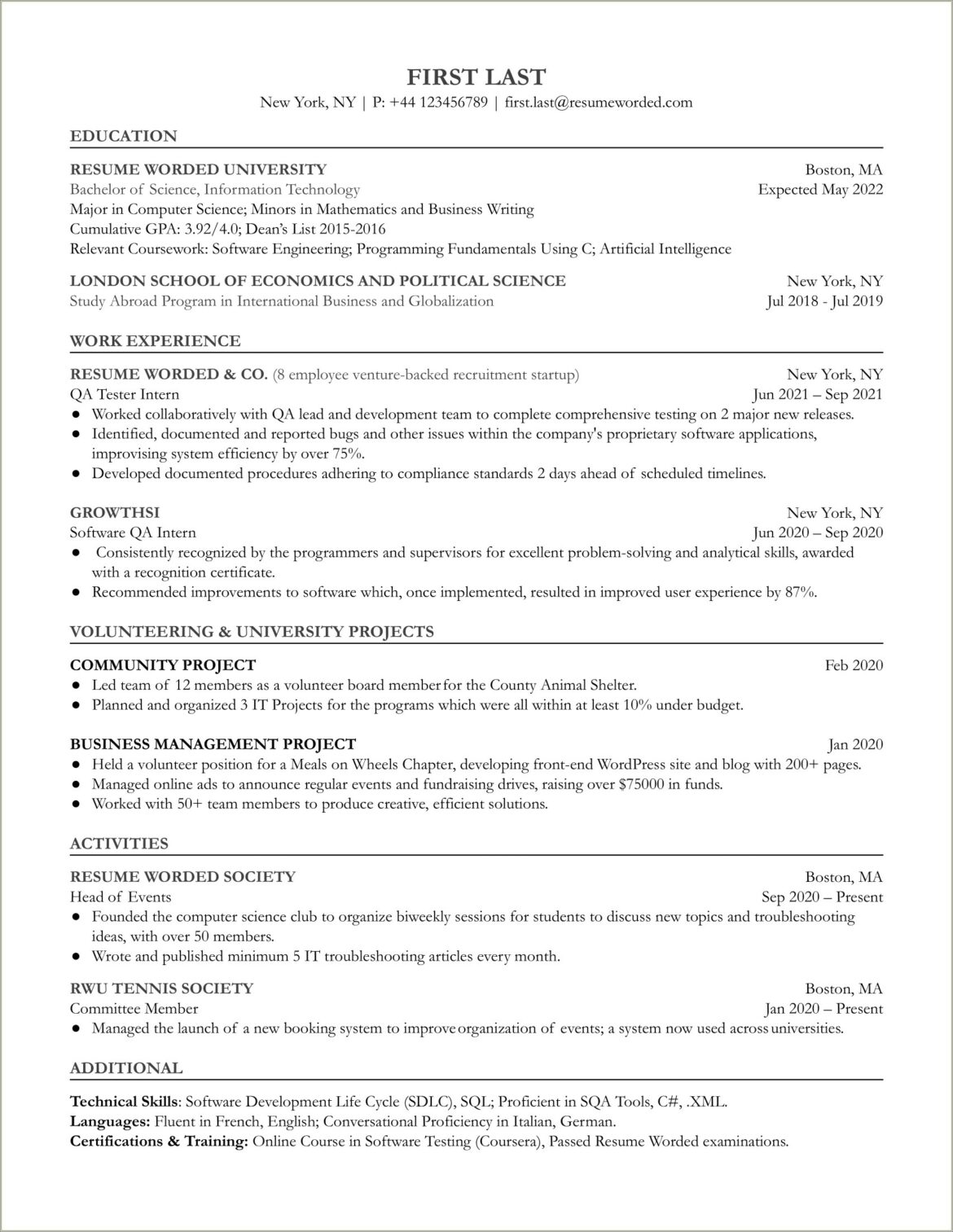 Entry Level Qa Engineer Resume Example