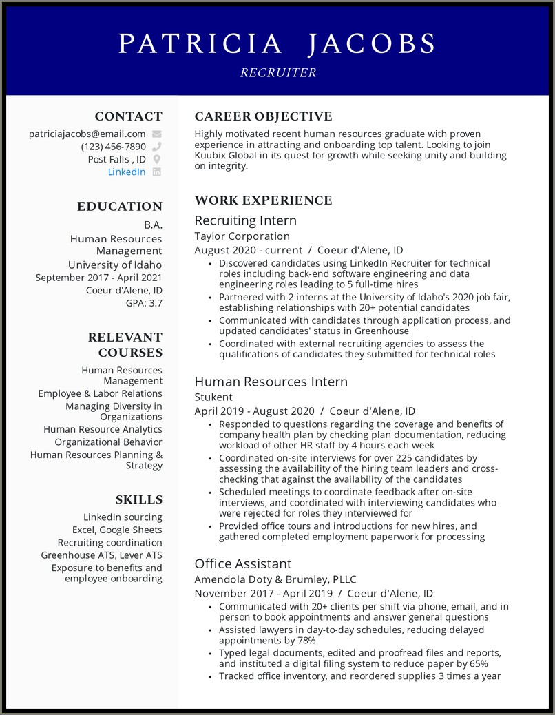 Entry Level Recruiter Resume With No Experience