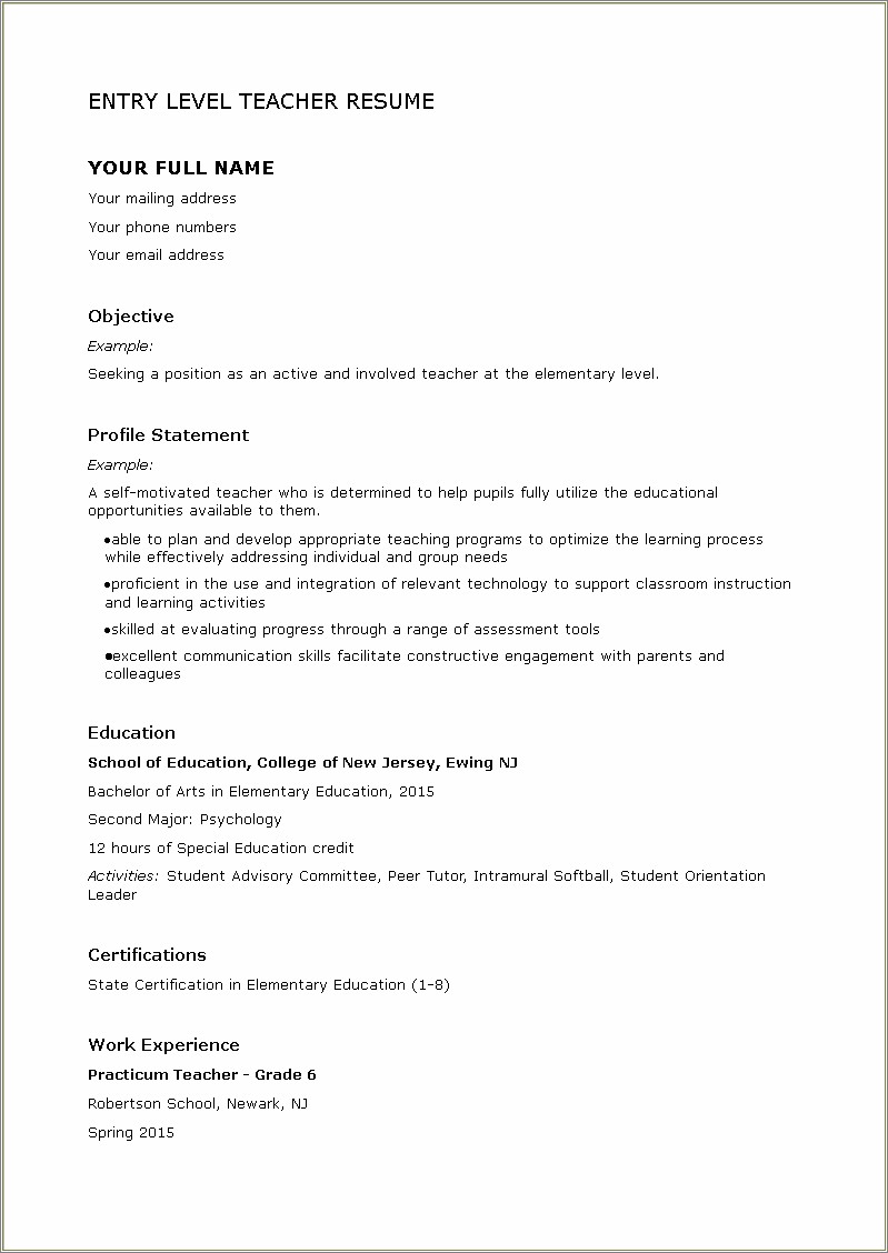 Entry Level Resume College Student Sample