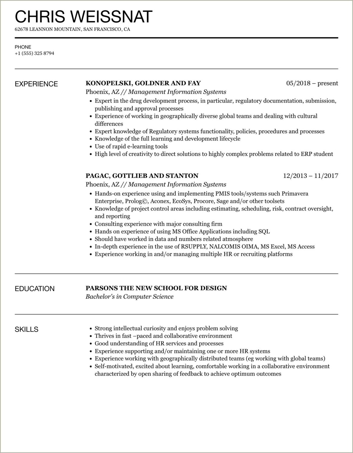 Entry Level Resume Example Information Systems