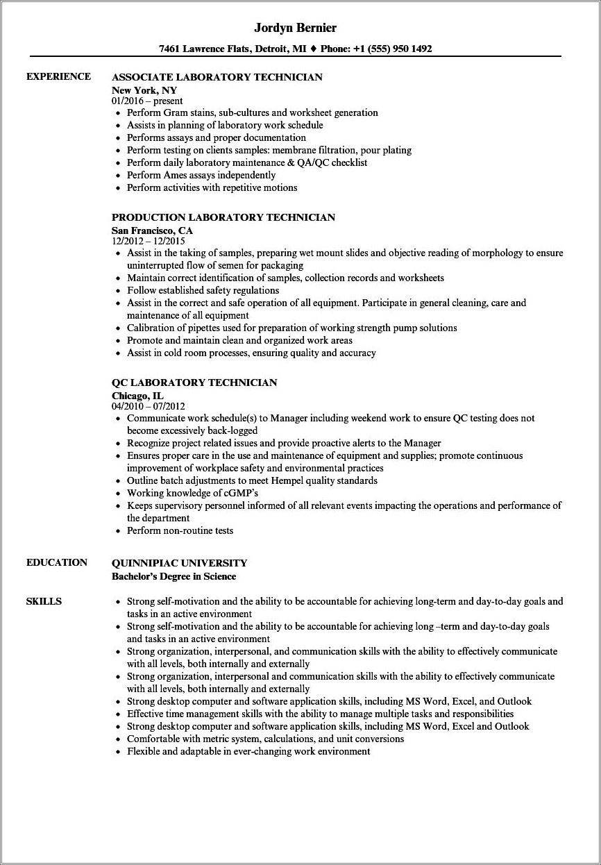 Entry Level Resume Examples Environmental Lab Technican