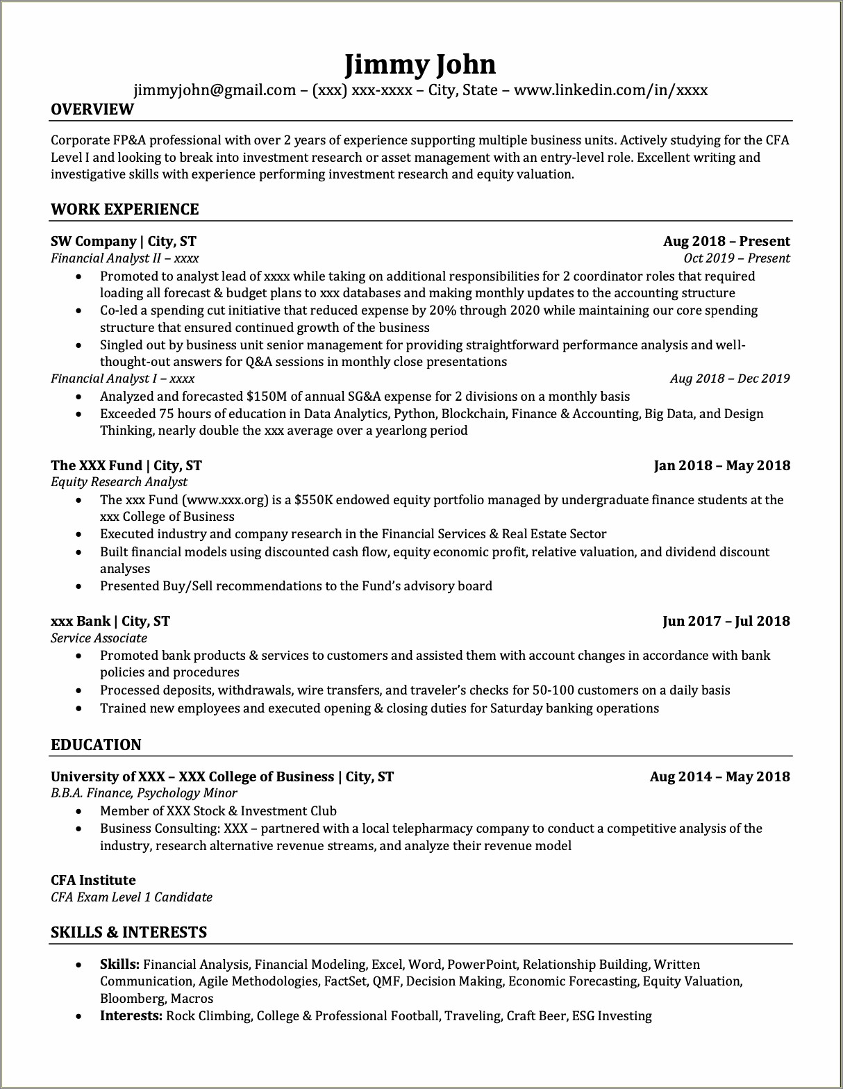 Entry Level Resume For Business Finance Jobs