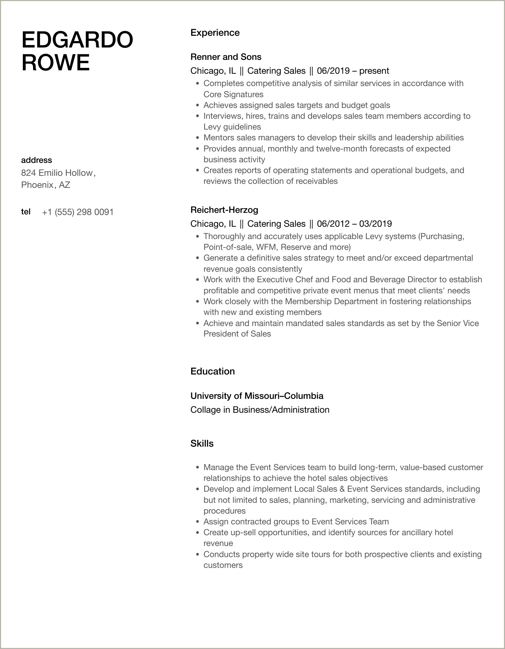 Entry Level Resume Objective Catering Sales