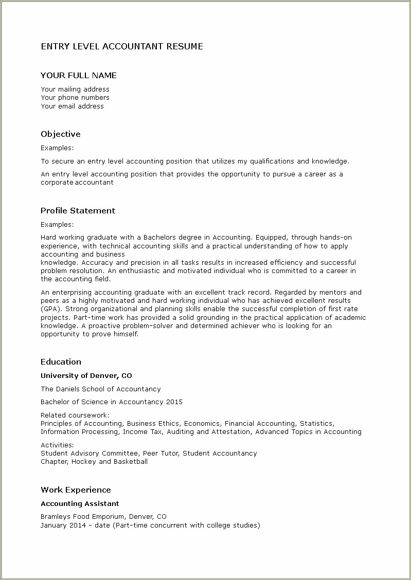 Entry Level Resume Objective For Finance