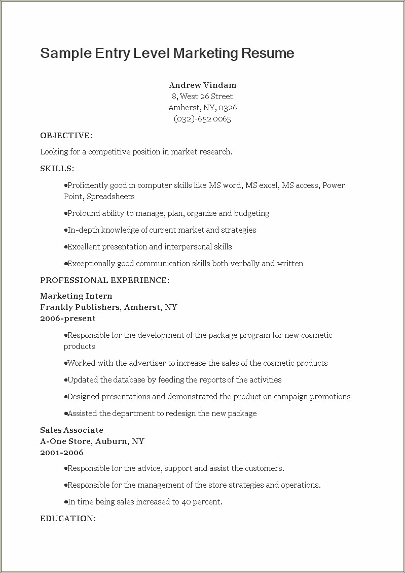Entry Level Sales Resume Objective Statement