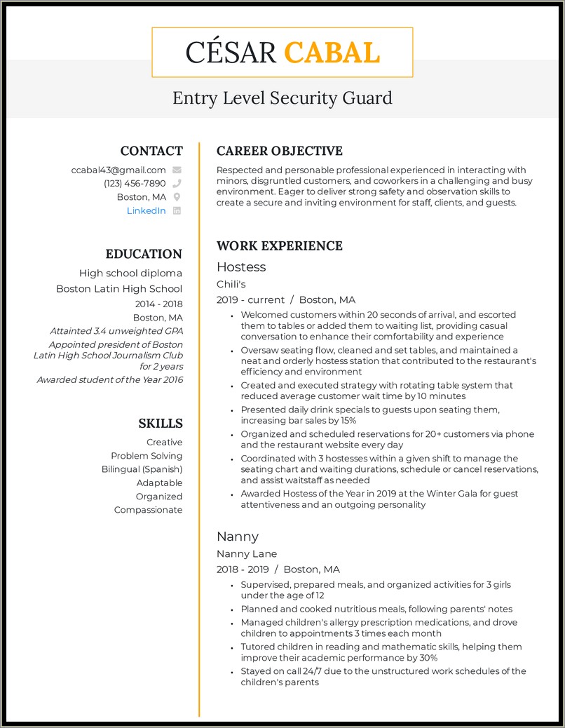 Entry Level Sample Security Guard Resume
