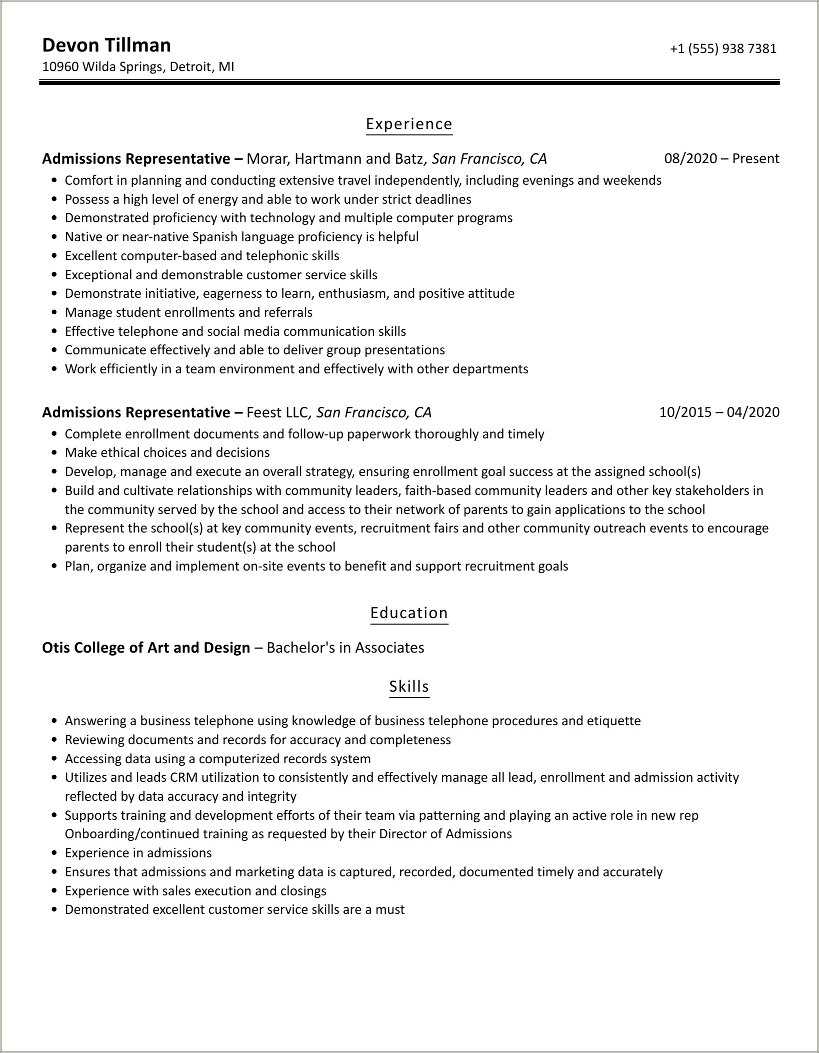 Entry Level School Admissions Coordinator Resume